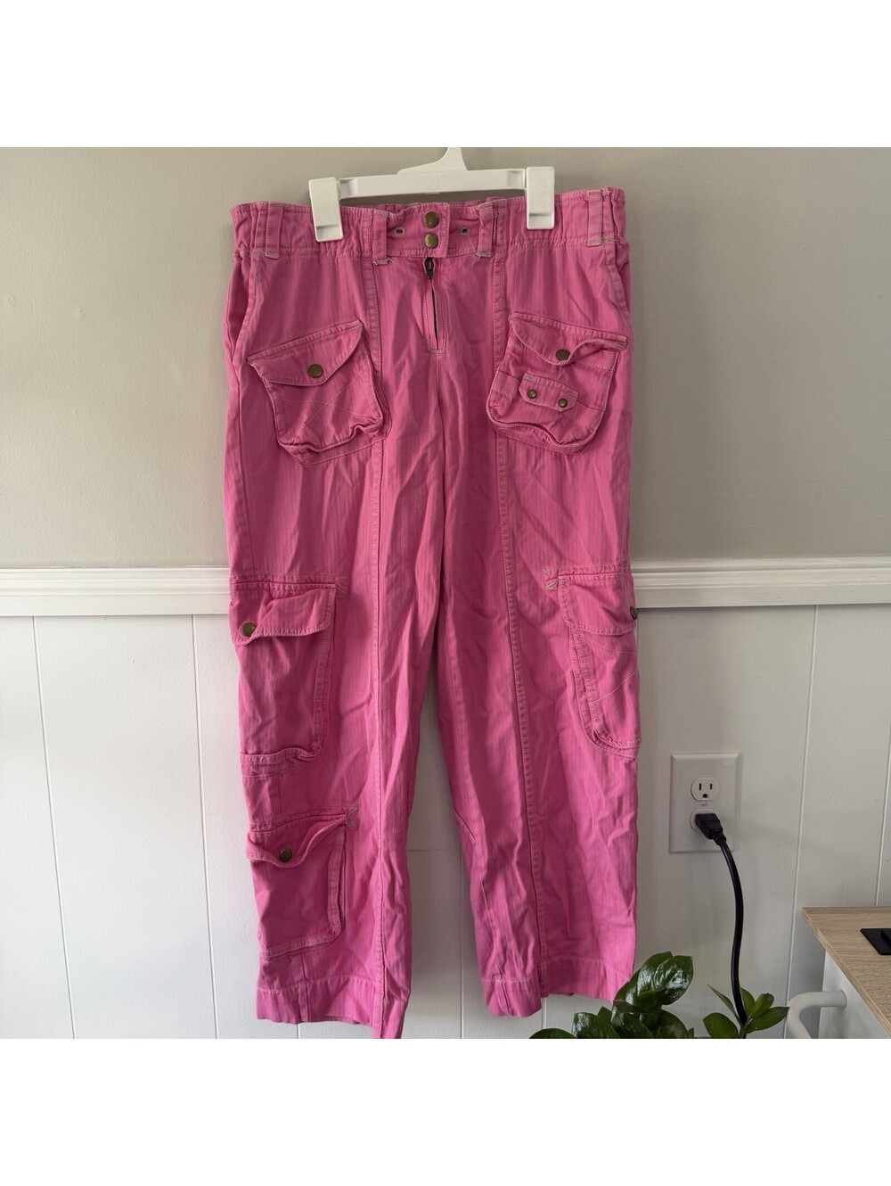Free People Neon Pink Tahiti Elastic Waist High Rise Cargo Pants Size Small